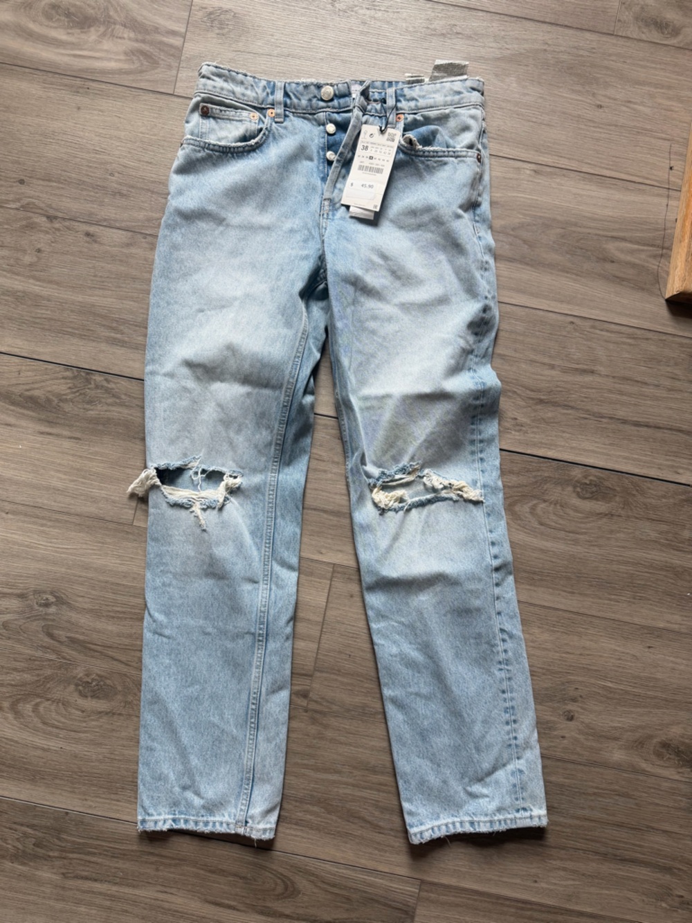 Zara Light Blue Straight Leg Ripped Jeans